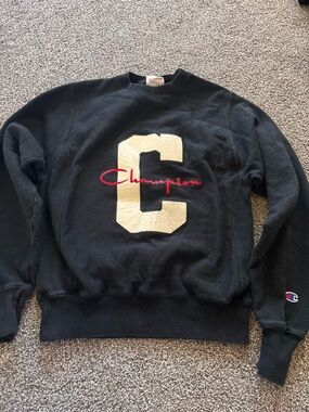 Vintage Champion Black Crewneck with Cream 'C' and Red Script